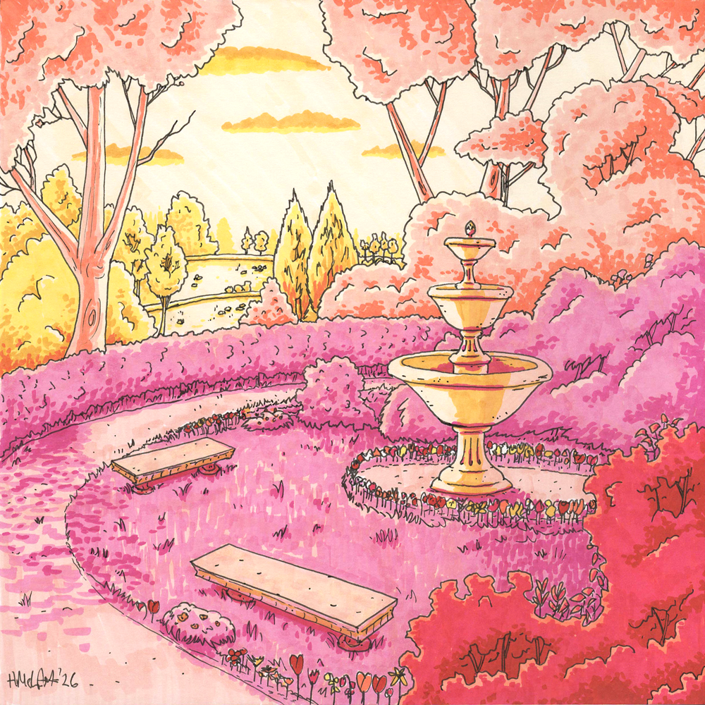 A marker and ink drawing of a garden with a tiered stone fountain and benches surrounded by shrubs and trees. It coloured with yellows, pinks and reds in bright hues, giving an impression of sunset.