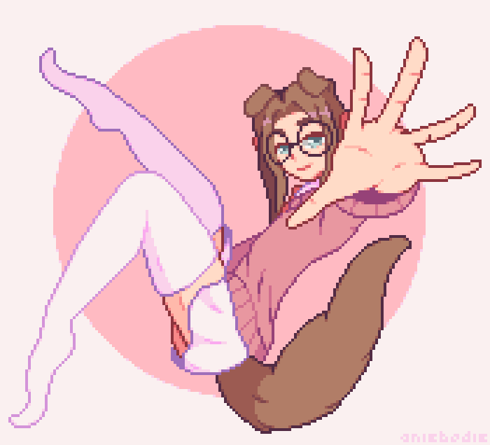 Pixelart drawing of Doggirl. Shes hanging in free air with her left hand reaching towards the viewer.