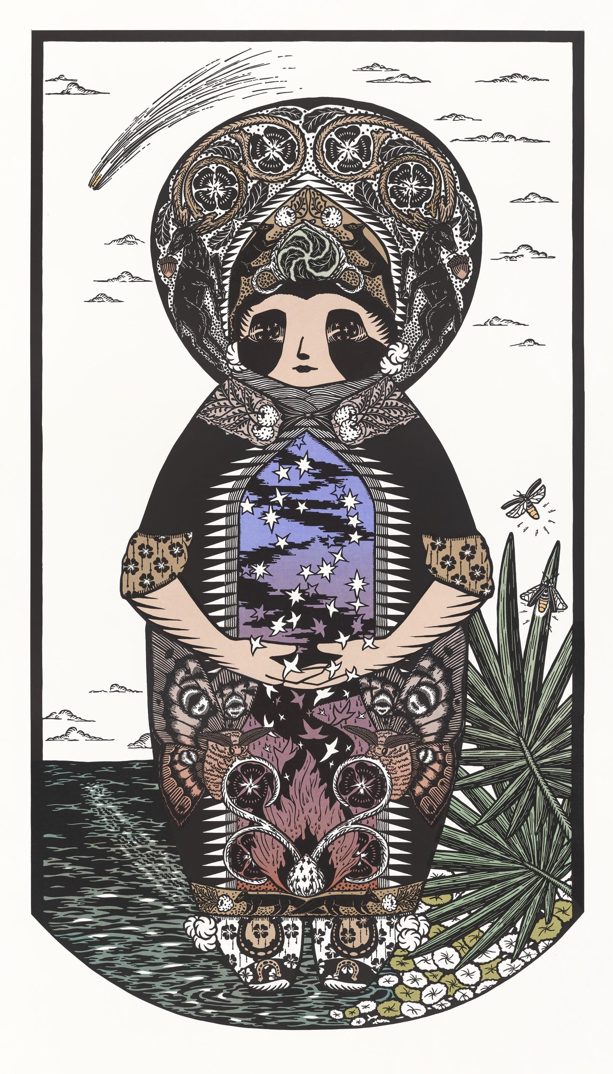 a large woodblock and paper-collaged print of a spiritual figure
