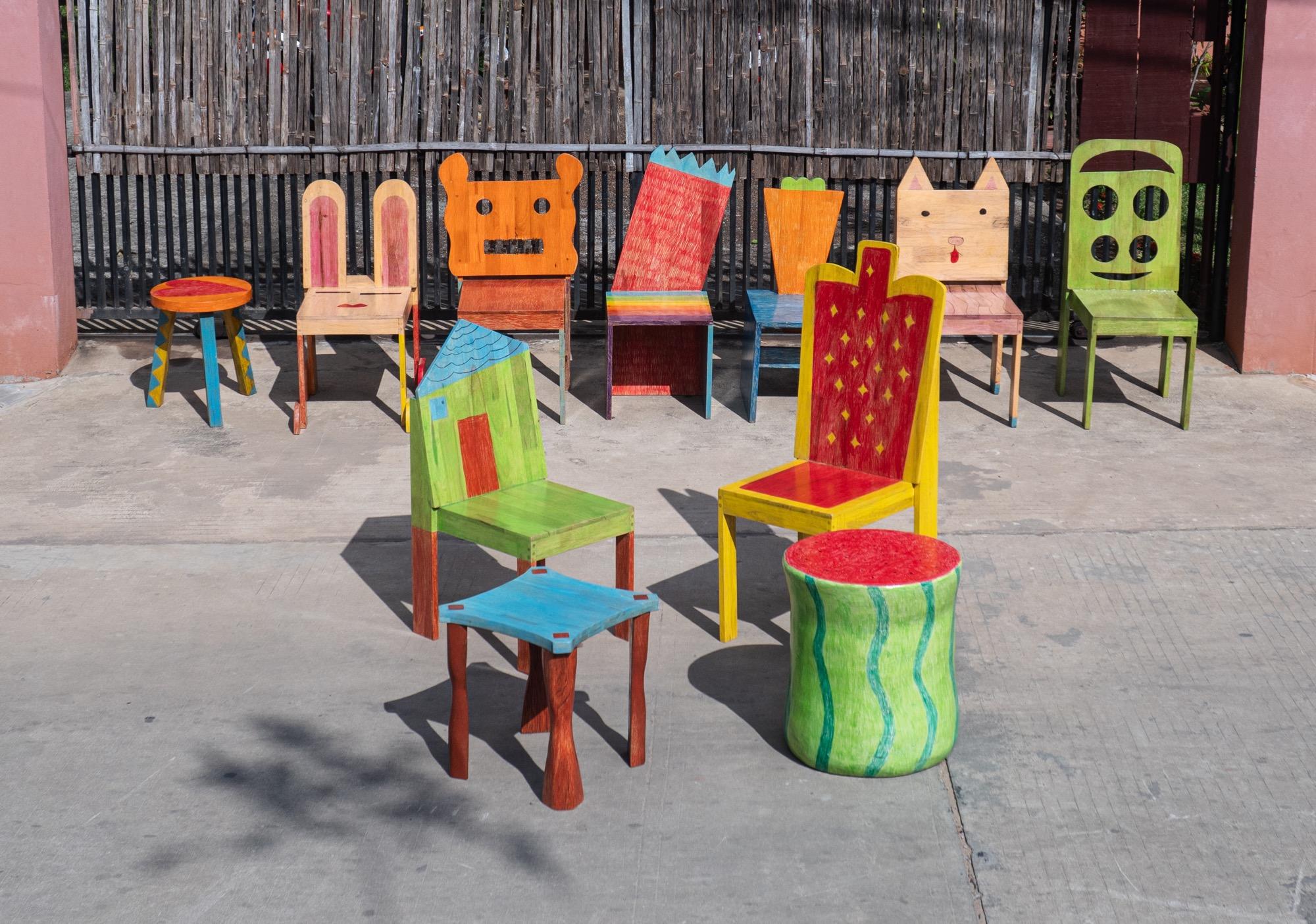 a series of colorful, whimsical chair designs conceived by children and created by Taekhan Yun