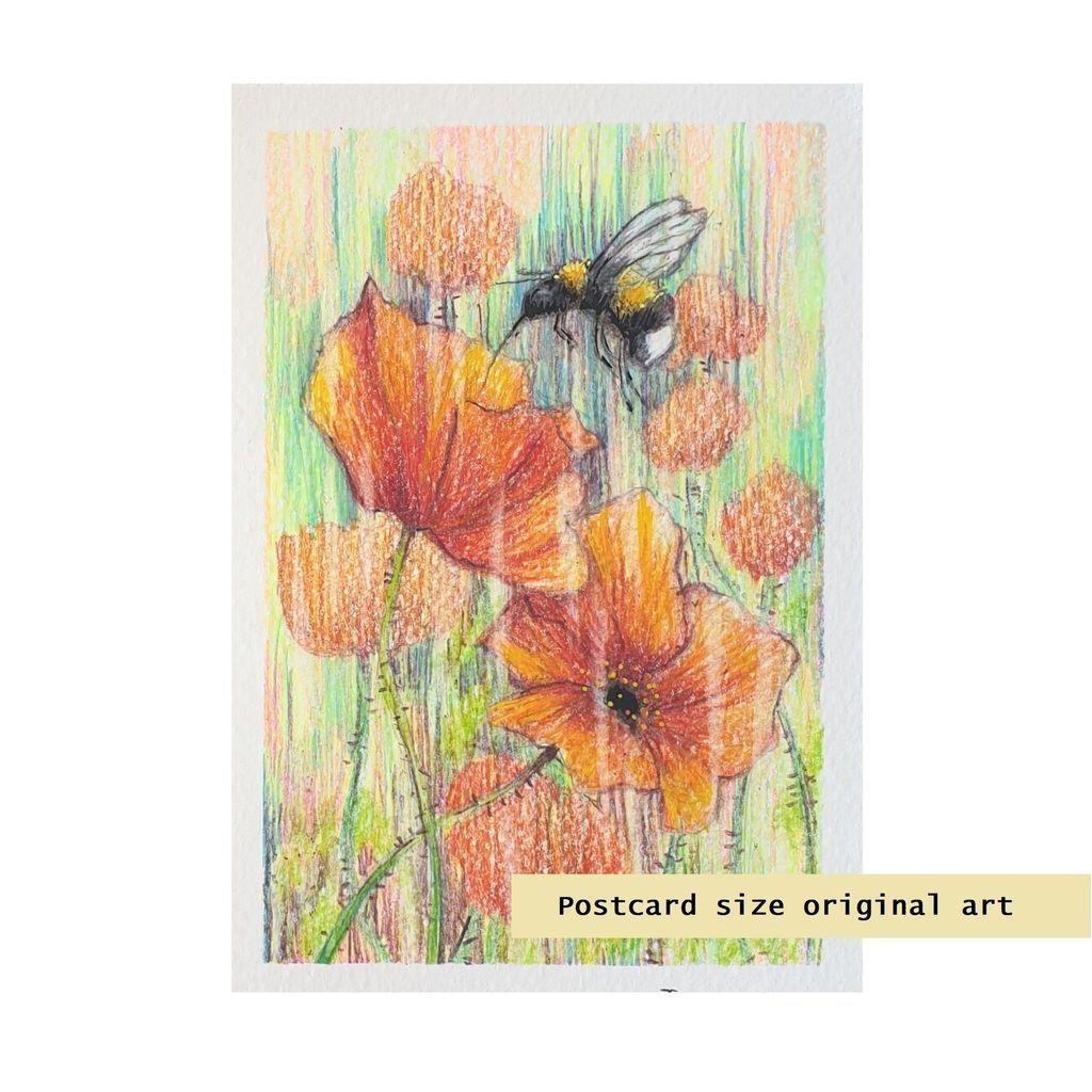 A postcard size drawing of a bee hovering over red poppies.
An original art work, please note that the frame is not included.
Colour pencil on white acid free artist watercolour paper (postcard size).
Approximately 4 by 6 inches (10.16 x 15.24 cm) will fit into a standard 4 by 6 inch photo frame.