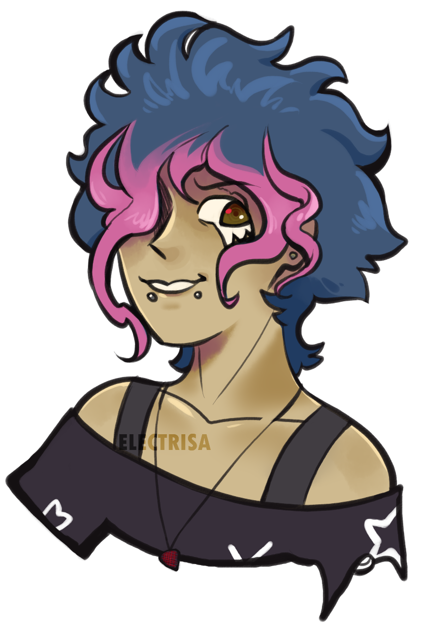 Portrait of a character with spiky, short blue hair and pink bangs. They're wearing a black top with stars, and a red guitar pick as a necklace. They're looking intensely at the camera with their brown eyes, grinning menacingly.