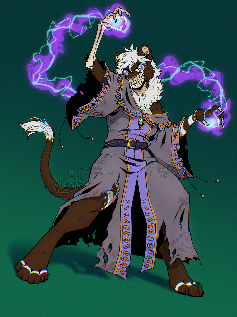 Digital art of a dark brown lioness anthro who is on her way to becoming a lich - part of her face and arms are shed down to visible bone, her robes in tatters. She is casting a dark spell of purple skull-filled mist and teal lightning, a manic smile on her bony face.