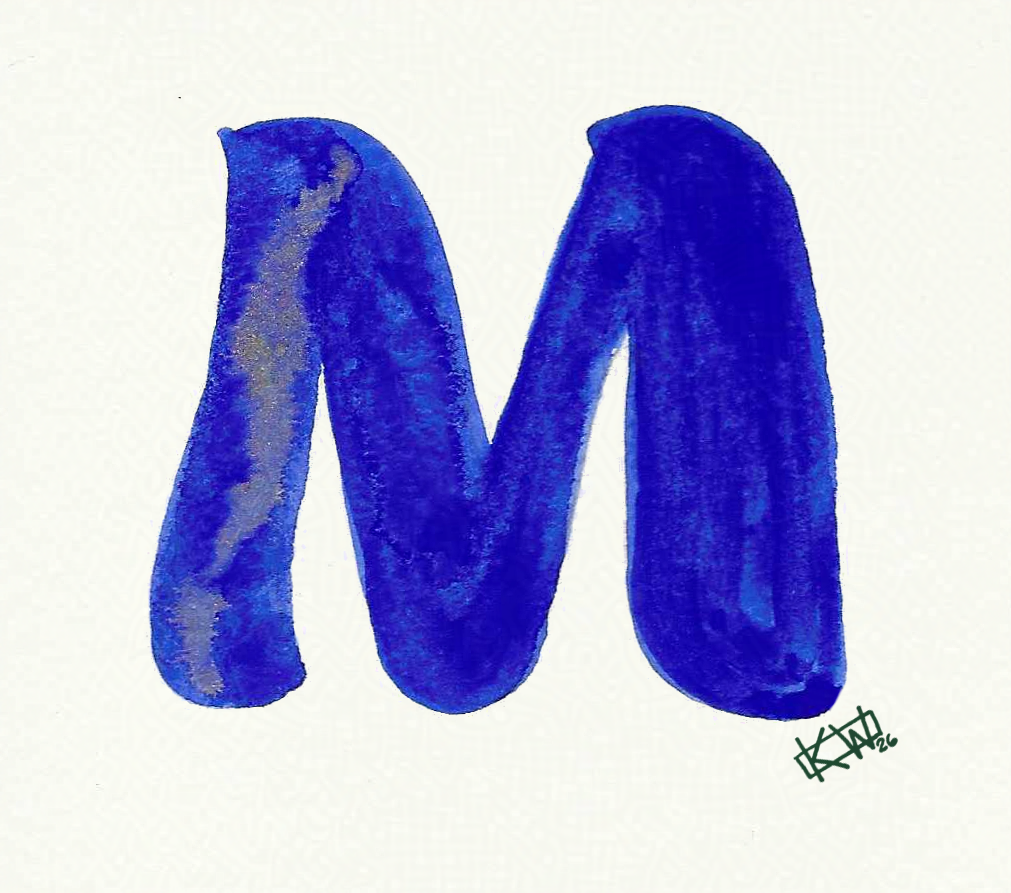 Watercolor of upper case letter M in a lovely shade of blue with gold swirls.