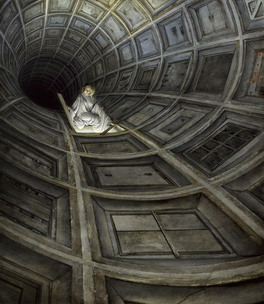 Inside a dark concrete tunnel curving like the inside of a torus, the walls are segmented in square panels each set with a distinct hatch. Some but not all have hinges while some are obscured with tattered cloth. A few hatches have inviting handles or knobs to pull them open. A woman in white robes pauses to peer down through an opening after removing the plain wooden board covering it. Bathed in light from below, she comfortable rests her foot on a narrow wooden plank propped across the corner of the opening. The concrete below her is thick offering only the narrowest view of pale blue from the viewer's perspective.