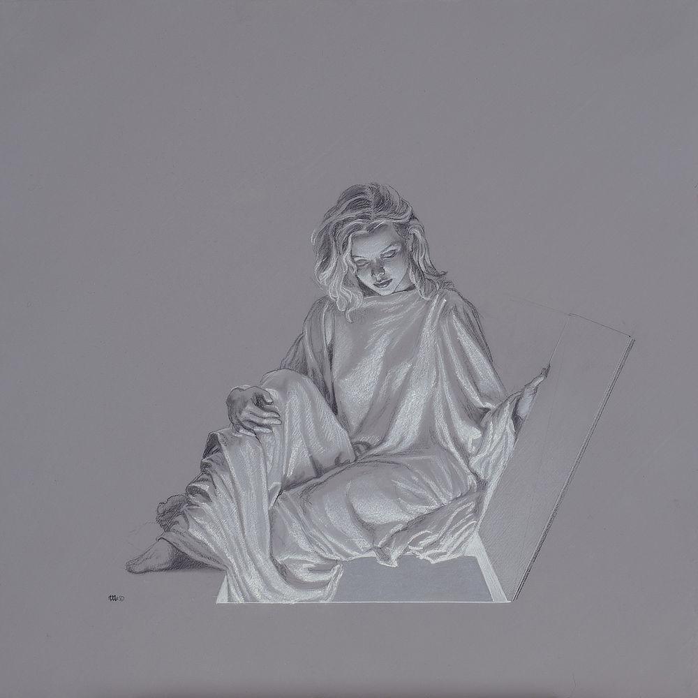 Figure study in black and white on gray toned paper for LUMEN 6.2. The drawing features a woman in white robes holding open a hatch in the floor. The cloth of her robes spills into the opening. Notably, the position of the hatch is on the right, inverted from the pose in the final painting.
