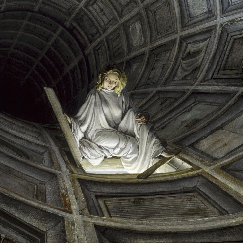 Detail from LUMEN 6.2 featuring a woman in white robes peering down through an opening in a dark concrete tunnel. She is bathed in light as she comfortably rests her foot on a plank set across the corner of the opening.