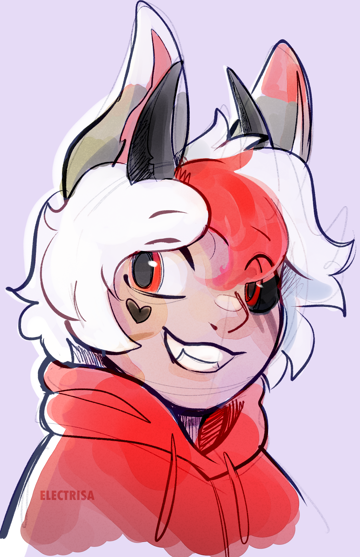 Portrait of a human-wolf hybrid, a boy with red eyes, white hair with a read streak, and grey wolf ears. He's wearing a red hoodie. There's a black heart marking on his cheek. He's grinning happily at the camera with fangs.
