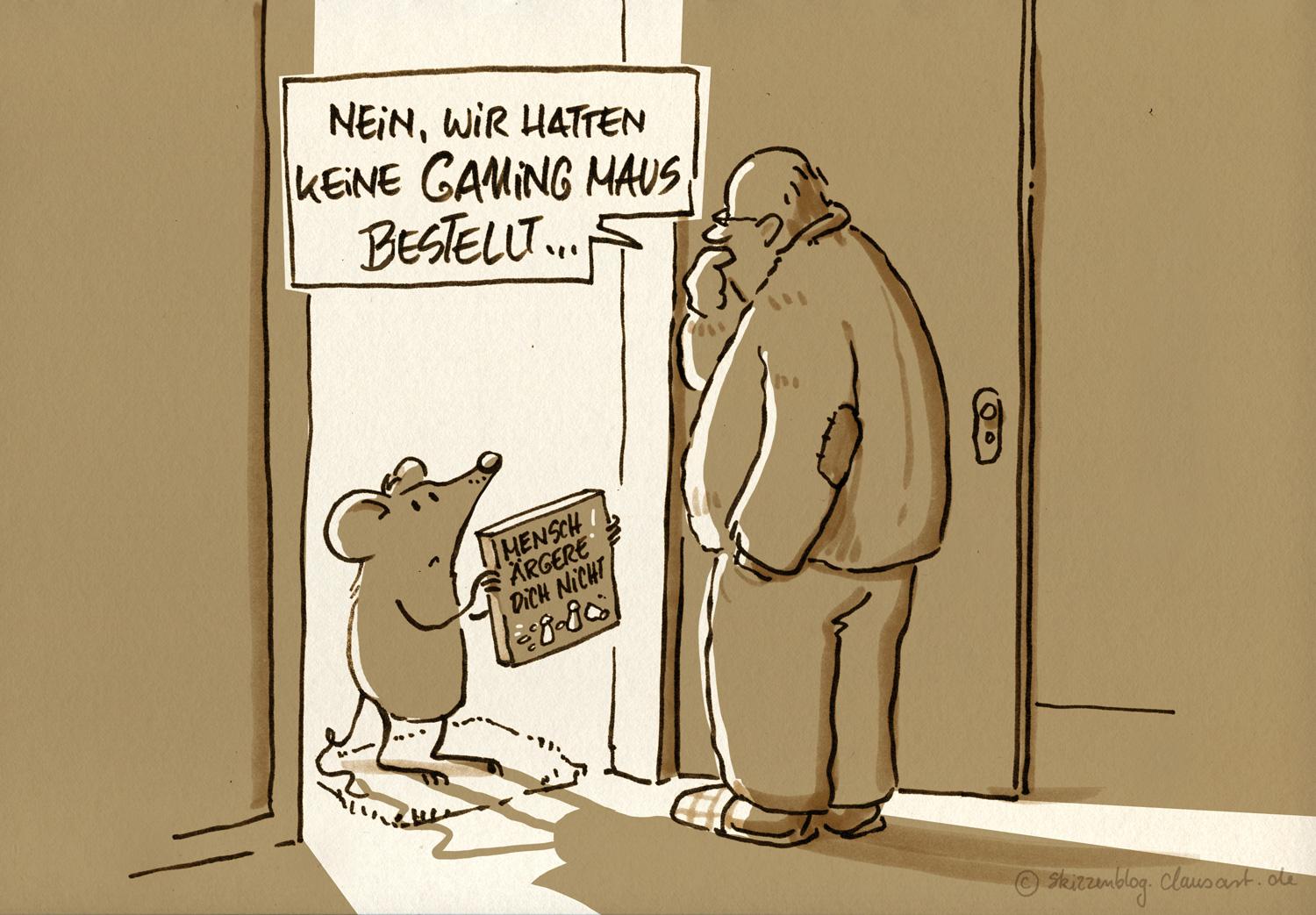 A cartoon features a mouse standing at a door, holding a board game titled "Mensch ärgere dich nicht." The mouse is looking at a confused, large man, indicating they did not order a "gaming mouse." The scene conveys humor and surprise