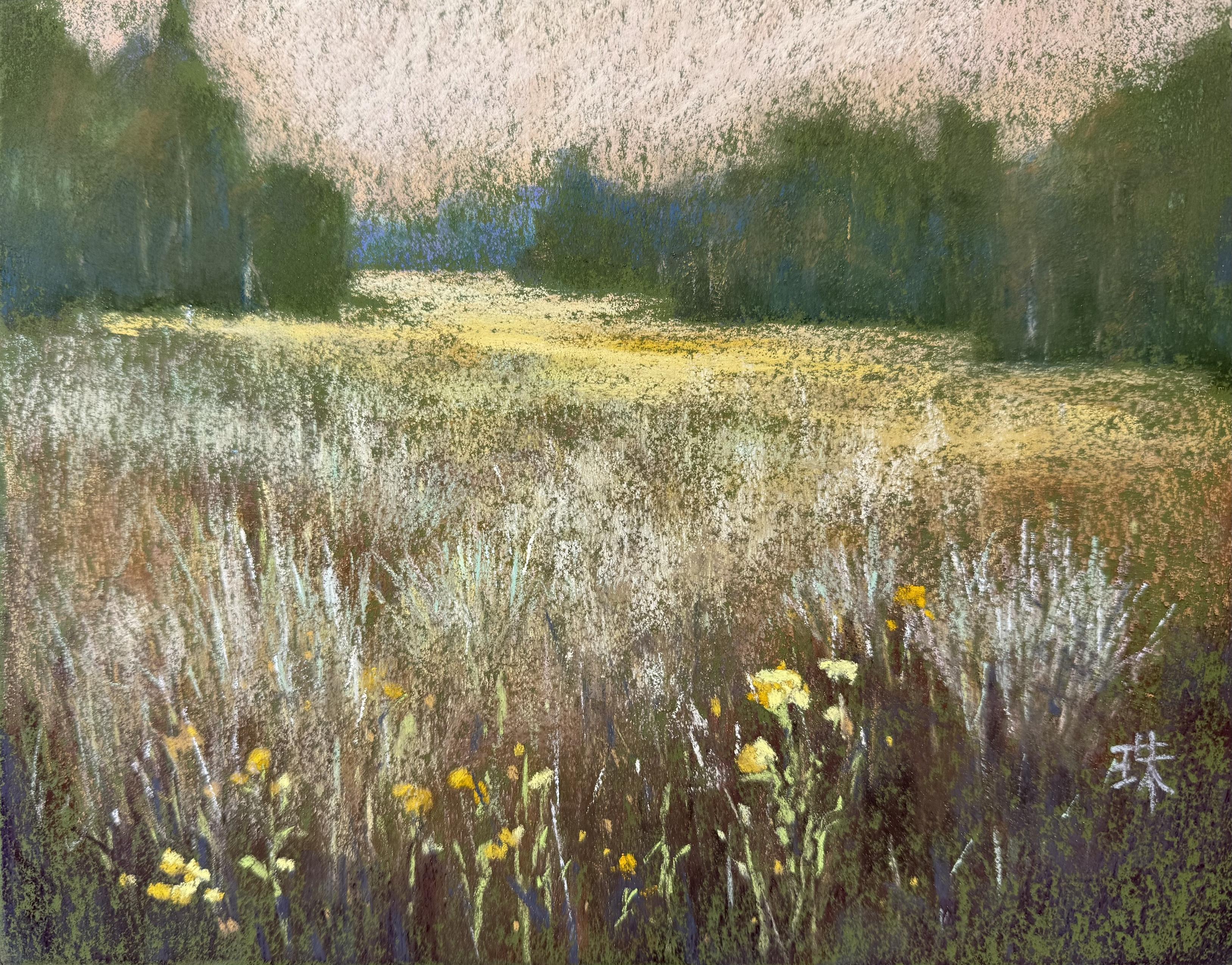 A textured pastel landscape painting of a meadow that leads to tree lines. Silvery green grasses, yellow wildflowers.