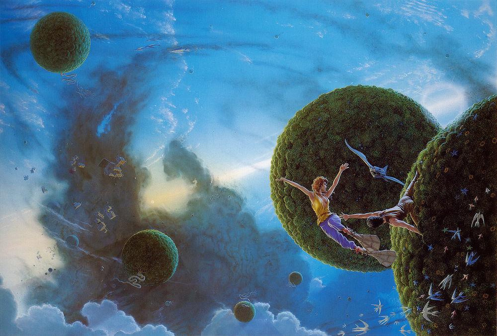An abstract environment of blue sky crossed by a defuse line of pale yellow light radiating between two distant suns to form a tilted false horizon. In the immediate foreground right, a man extends out from a spherical puffball of plant matter to grab at a woman with swim flippers floating gravity free. She is costumed in a yellow sleeveless top with plunging neckline that is cinched at the waist. Her lavender pants are similarly light fabric, and she wears something akin to webbed swim flippers on her feet. The movement and light evokes and under the sea feeling, but there is no water.