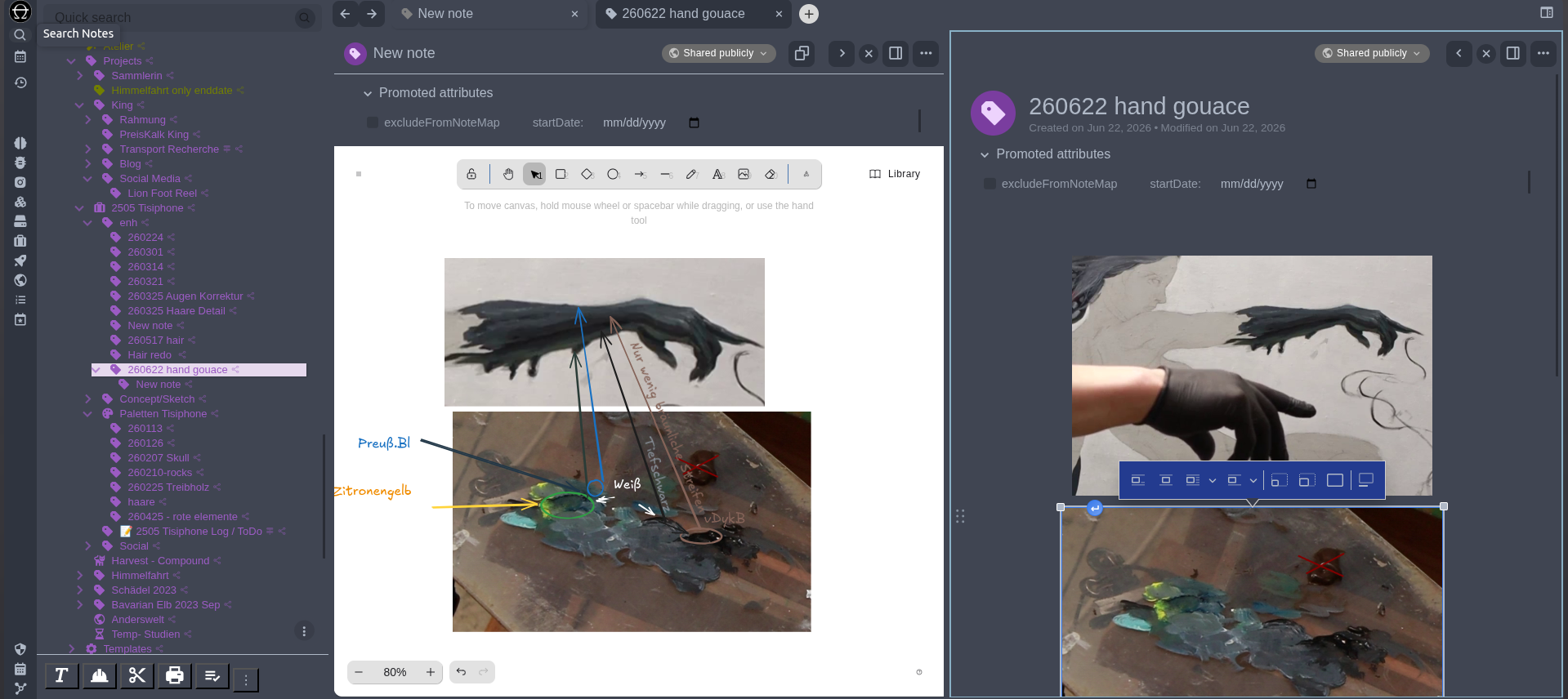 screenshot of the opensource software trilium with some notes on a painting progress with canvas feature