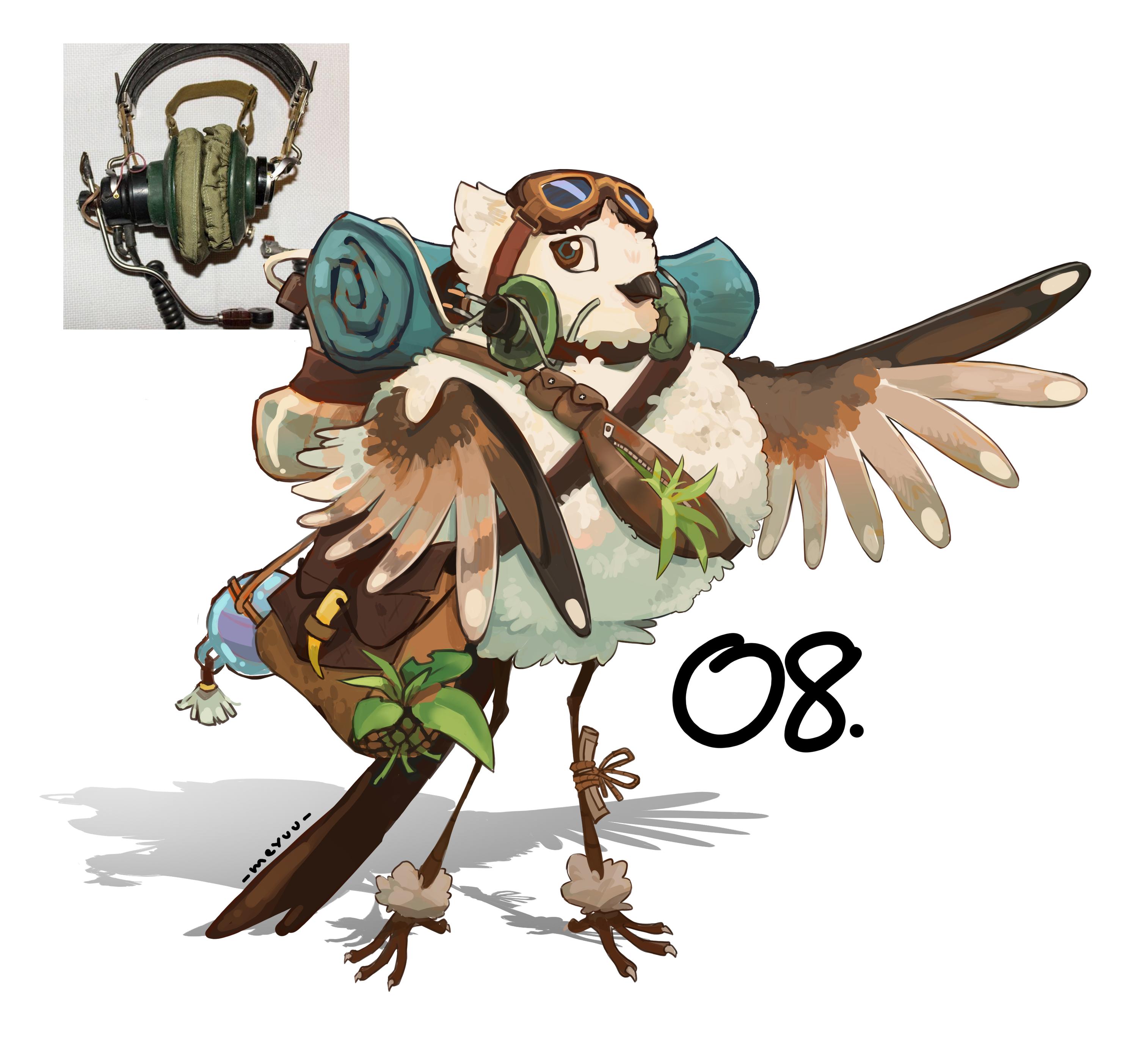 The reference was a vintage green headphone.
I imagined a bird adventurer, keeping with him all fun object he's discovering ! He's analyzing also plants (that's why we can see some grass from his bags !)
He's also wearing a message on his legs !