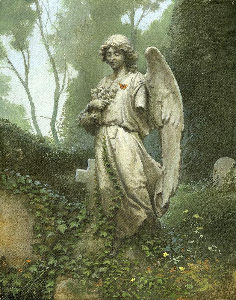 An orange butterfly settles on the chest of an angel statue. Its eyes are closed solemnly, and the left arm is broken off while the right is clutching a bouquet of flowers. Green and orange wildflowers dot the slope leading up to the statue, and strands of ivy creep up the angel's robes. A cross-shaped gravestone is partially obscured by the angel. Another rounded headstone sits at the right edge of the frame. Otherwise, the background is filled with greenery that gives way to loosely rendered trees and a peek of pale blue sky.