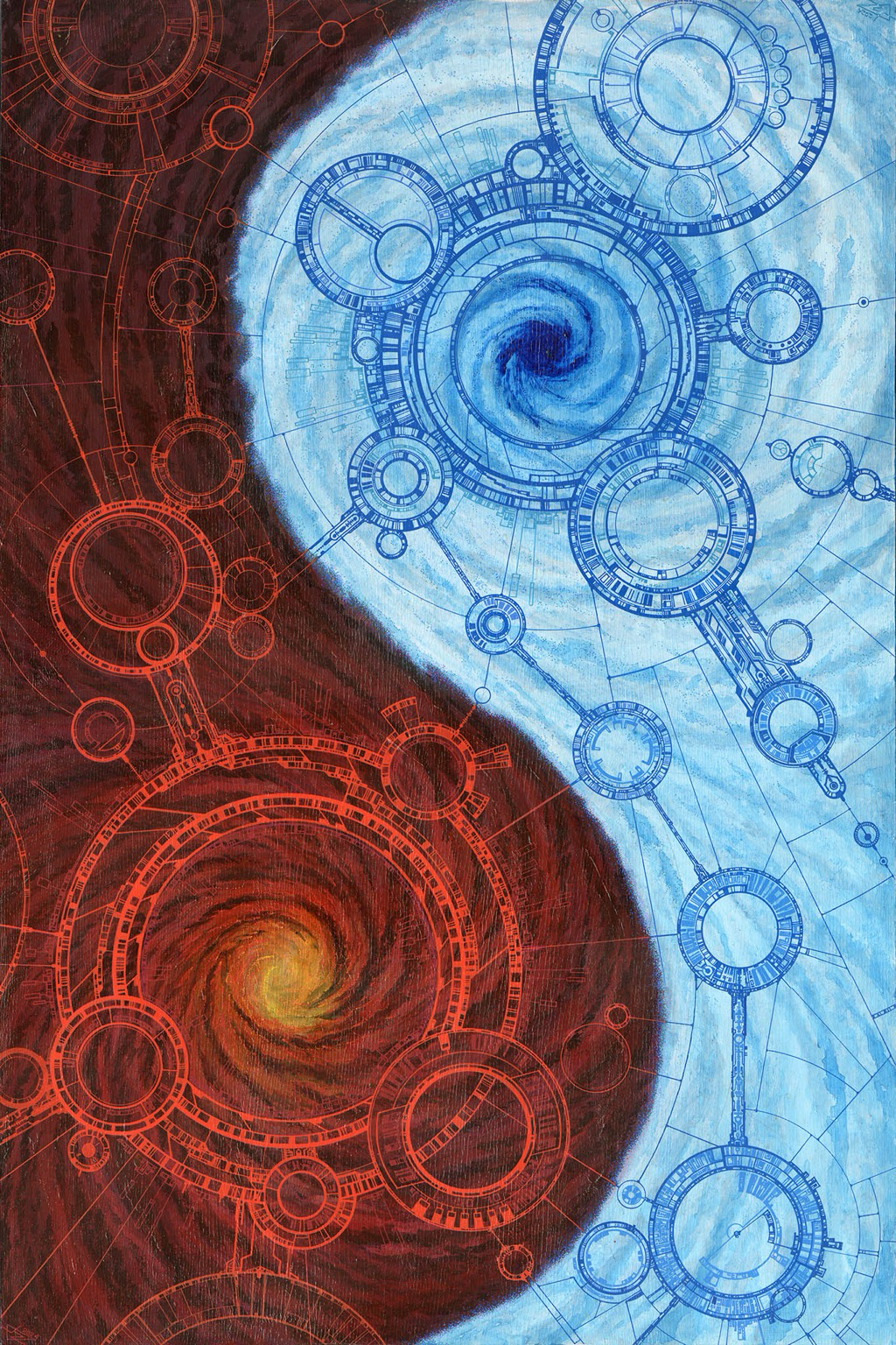 Large Complex geometric abstract art featuring a yin-yang like design of swirling galaxies in angry red and frosty blue white overlaid with circular graphics in bright red and deep blue