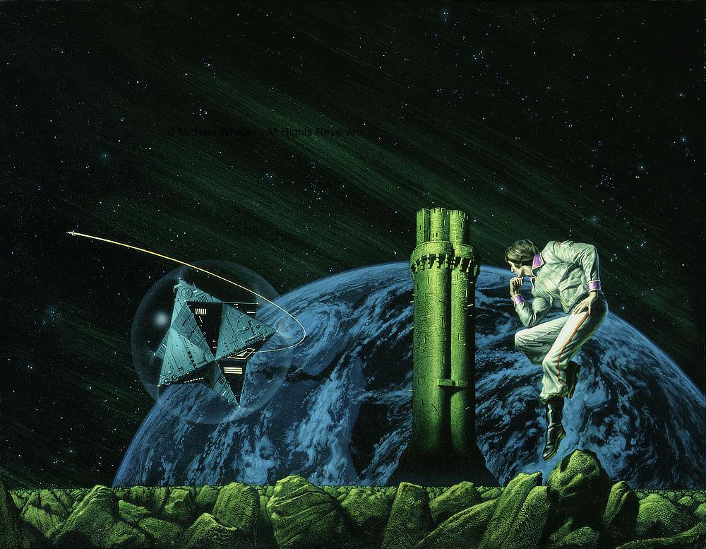 A man in white jumpsuit rests his chin on his hand contemplatively as he hangs weightless in front of a clouded planet. His right leg is drawn up so that his elbow rests on his thigh with his other hand settled on the opposite hip and that leg pointed to extension. It's a pose only comfortable—or possible—in zero gravity. The line of his eyes leads left to a geometric shape formed from two intersecting tetrahedrons. A transparent bubble surrounds that ship. From a docking bay on the underside, a rocket burns away in a sweeping arc. The immediate foreground of the painting is a line of green tinted rocks which constrains our view of the planet to its upper hemisphere. A stone tower rises between the man and ship to bisect the planet beyond. Streaks of green run diagonally across the starfield backdrop.