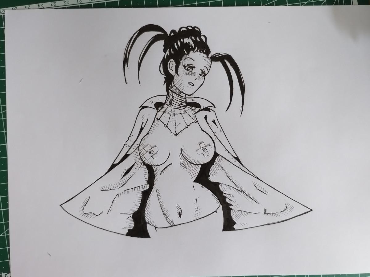 The photo shows a sheet of paper with a picture of a woman holding up her jacket and revealing her breasts . Drawing style