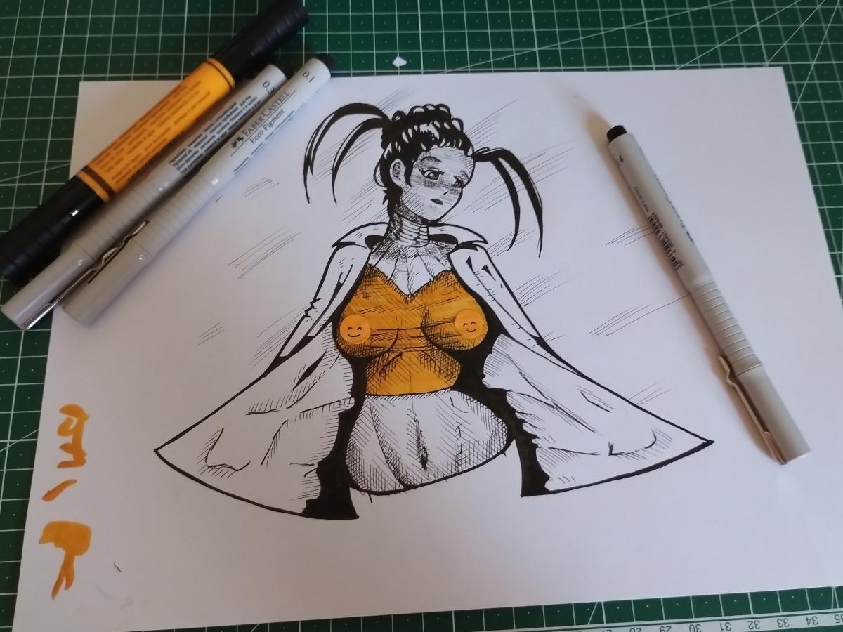The photo shows a sheet of paper with a picture of a woman holding up her jacket and revealing her breasts (hidden behind an orange top). Drawing style