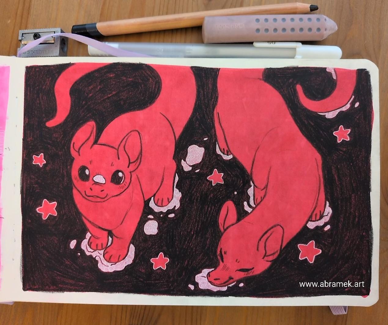 Pencil drawing of two wingless dragons playing in snow. One is looking up and has a clump of snow on its nose, the other one is lying down and smiling.