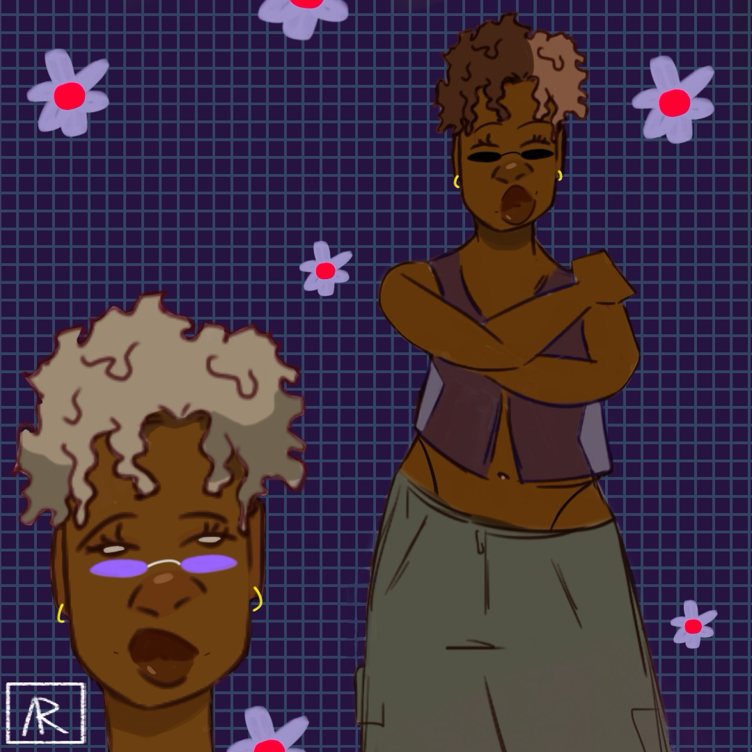 a 2d digital sketch of an oc with a kinky two-toned taper, shades, and little hoops. The background is a blue grid with a sprinkle of purple and red flowers.