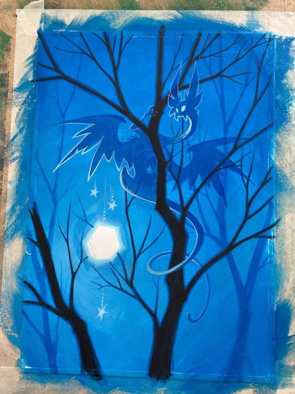 blue forest with light and a creature