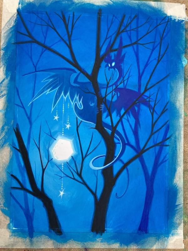 blue forest with light and a creature