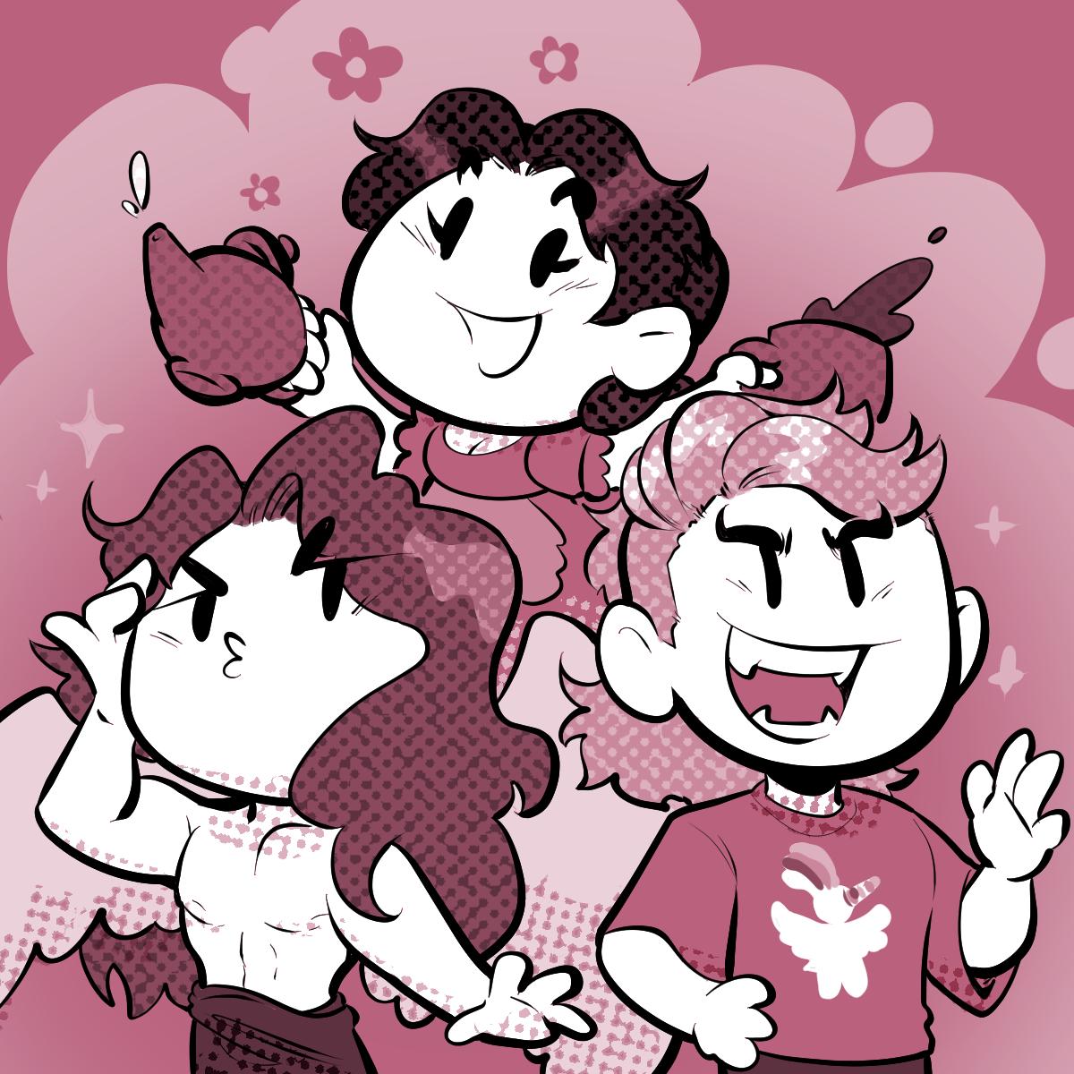 Dibujo de tres personajes de los tres webcómics nominados: Coyote Tresvidas, La taza medio llena y Lightbringer