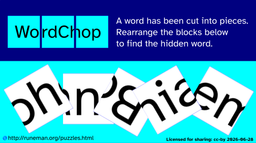 There's a word which has been cut into squares, each of which contains a part  of the word, maybe with parts of some letters cut so they appear on different squares.

The puzzle image is mostly in stripes of blue, but the jumbled, partly overlapping squares are white with black letters.

The main clue is that one letter has a capital letter in it, marking the beginning of the word.
