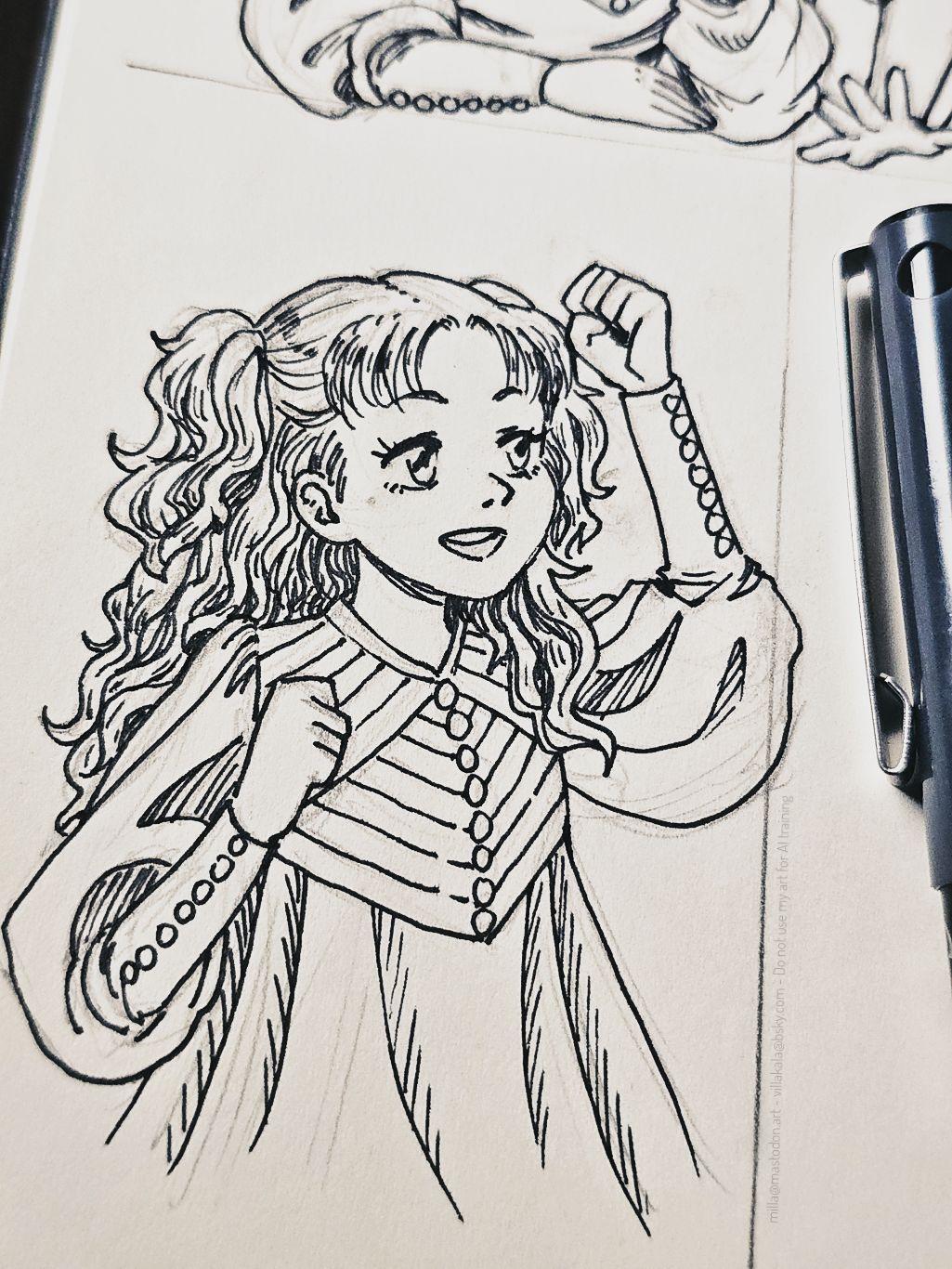 Inked drawing of a cheery-looking anime girl, Tetia from Witch Hat Atelier. She has curly long hair with twin tails and short fringe, and wears a creamy white buttoned dress with puffy sleeves. This is the third part in my witch hat doodles, earlier two are just visible at the top of the page.