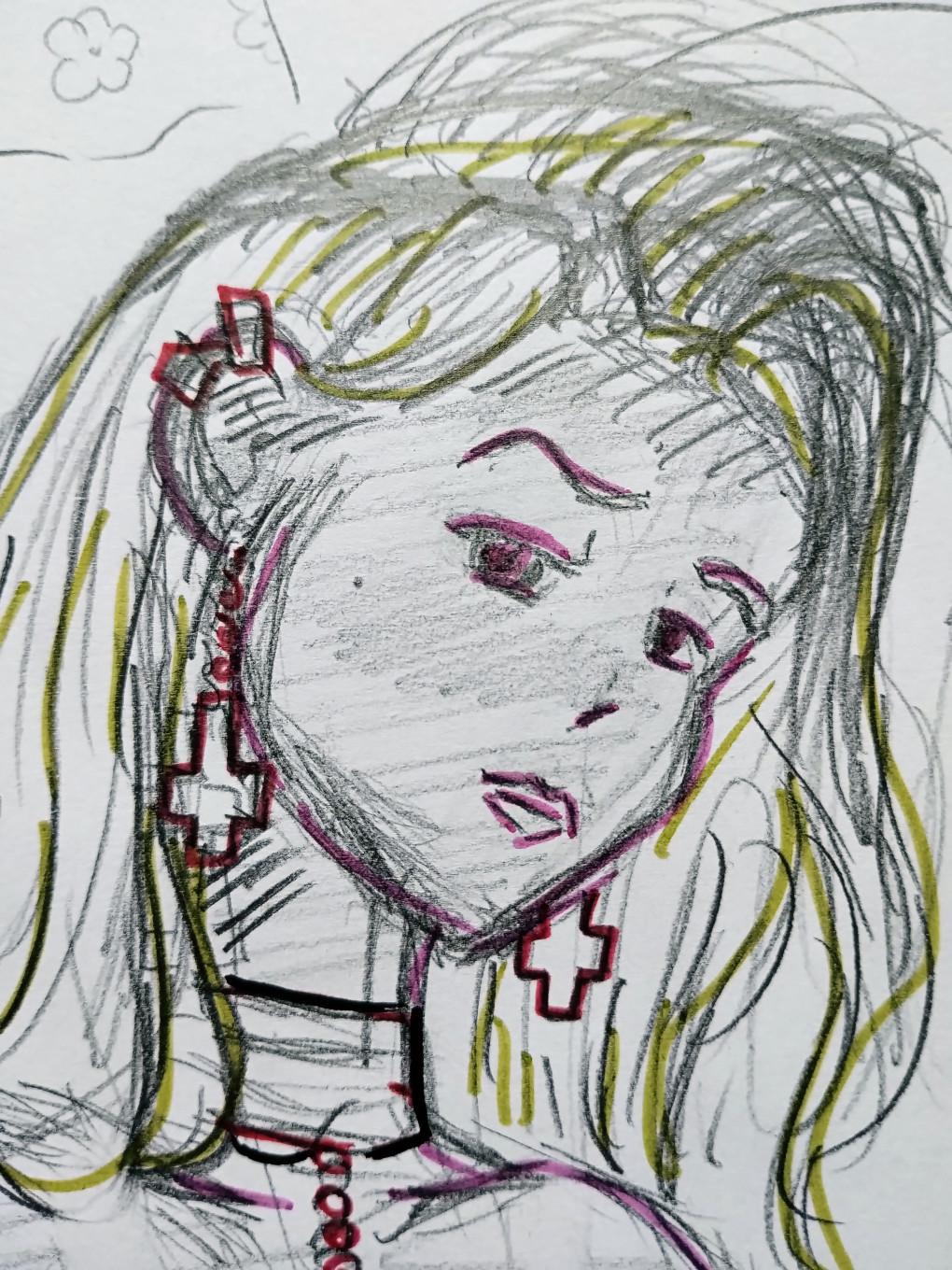 The photo shows a sketch of a goth girl wearing earrings and a necklace, and she looks skeptical.