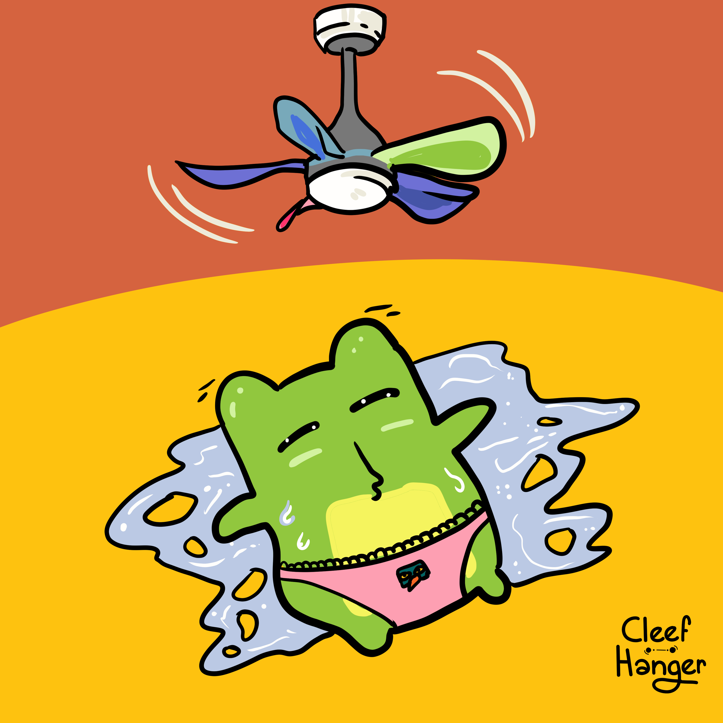 Froggelio en bragas rosa con cenefita y un collverd bordado en un charco de sudor bajo un ventilador de techo de aspas multicolores.