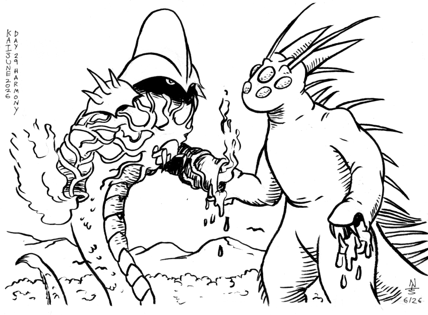 cartoony ink drawing of two giant monsters shaking "hands" (one has bio-powered jets for hands and the other has goo-drooling mouths for hands)