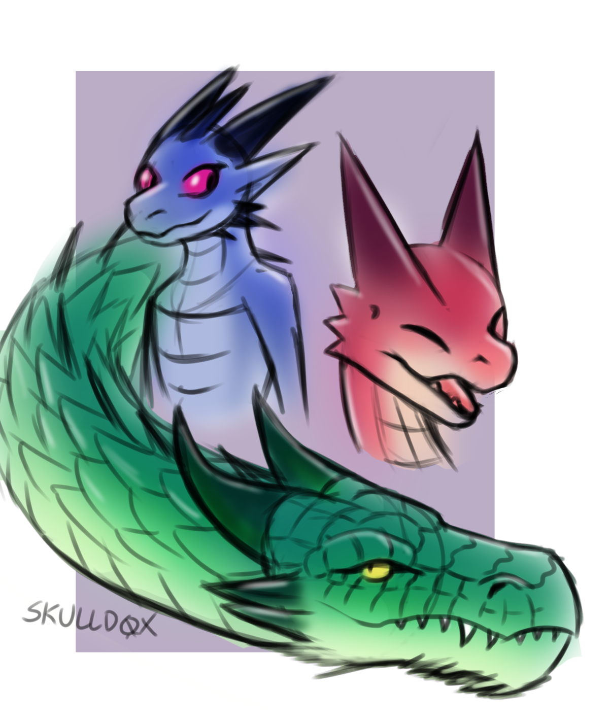 A blue kobold, a smiling red kobold, and a green dragon head curling around the blue kobold