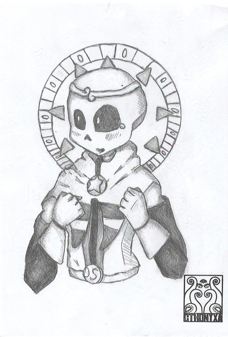 A half-body sketch of Dream Sans. His hands are fisted and held up by his chest and he has a happy/hopeful expression on his face with one tear coming out of his eye. Behind him is a ring with triangle spokes. Cthonyxa’s logo is on the bottom right.