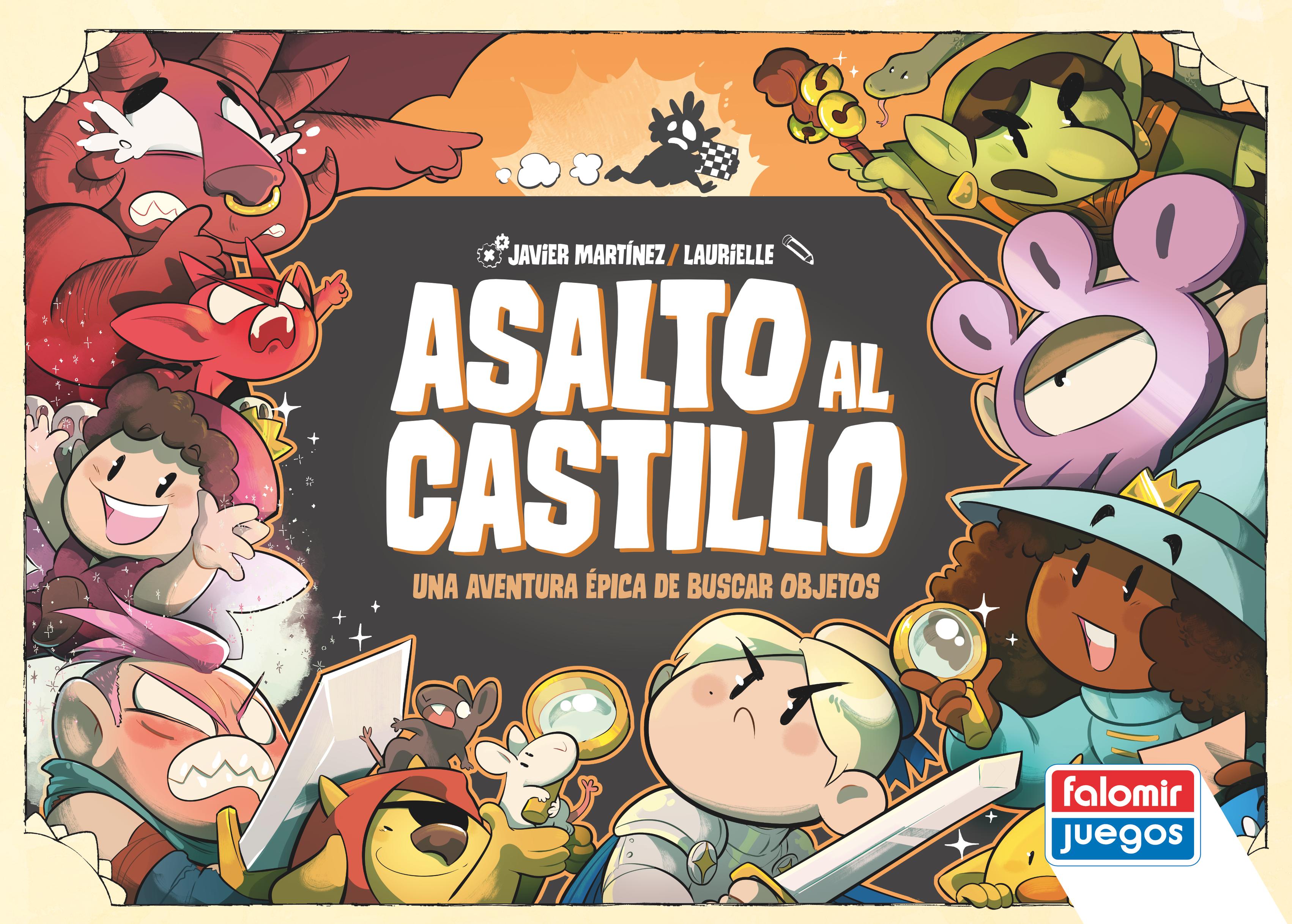Portada del juego Asalto al Castillo, de Falomir juegos, con el subtítulo Una aventura épica de buscar objetos