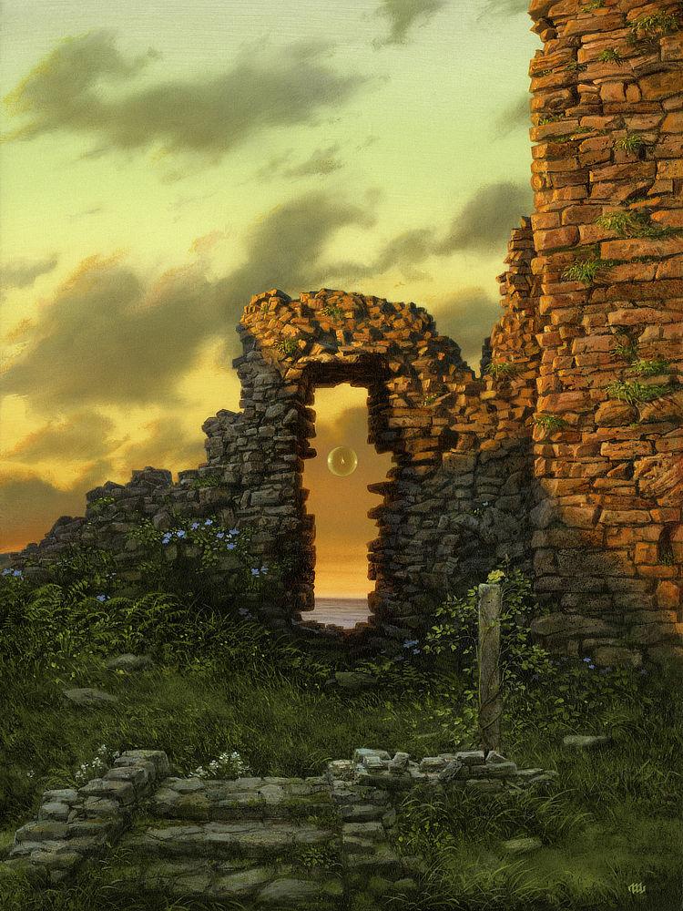 A solitary flame contained in a transparent sphere floats across the threshold of an uneven stone doorway set in ancient ruins. Shadow cuts across the broken remains of the facade. The sky beyond is partially cloudy, lit golden over placid water defining the horizon. In the immediate foreground, three stone steps lead up to the portal, but the ground is overgrown with wild vegetation. Flowers add an occasional splash of blue, white, and yellow at the stub of wall and on the short path to it.