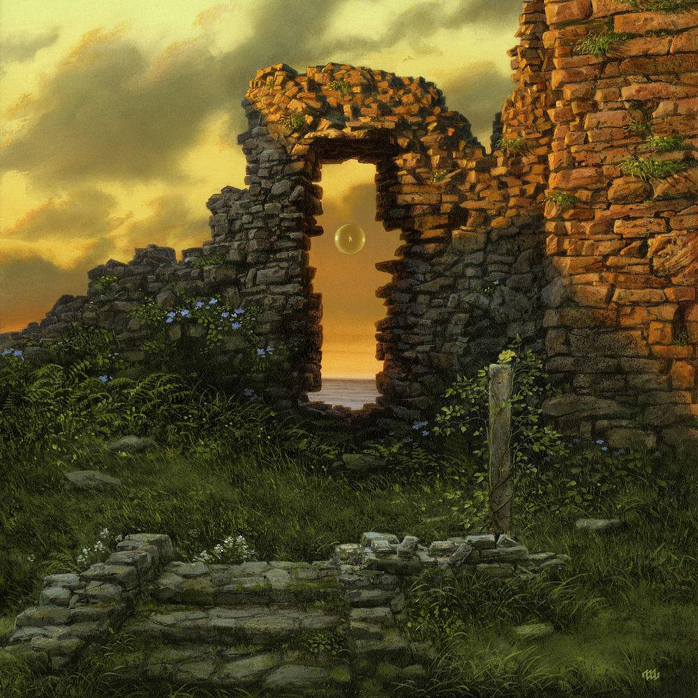 Details from DOORWAY TO THE WEST featuring rough stairs that lead to an uneven stone doorway set in ancient ruins as a solitary flame contained in a transparent sphere floats across the threshold.