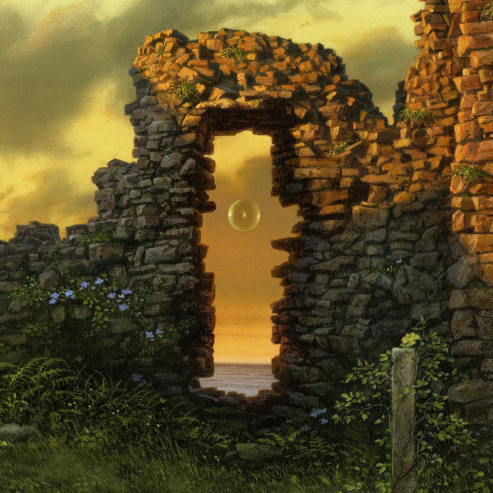 Detail from DOORWAY TO THE WEST with a tighter focus on the stone doorway and the  sunset sky beyond, colored warm yellow over cool placid water.