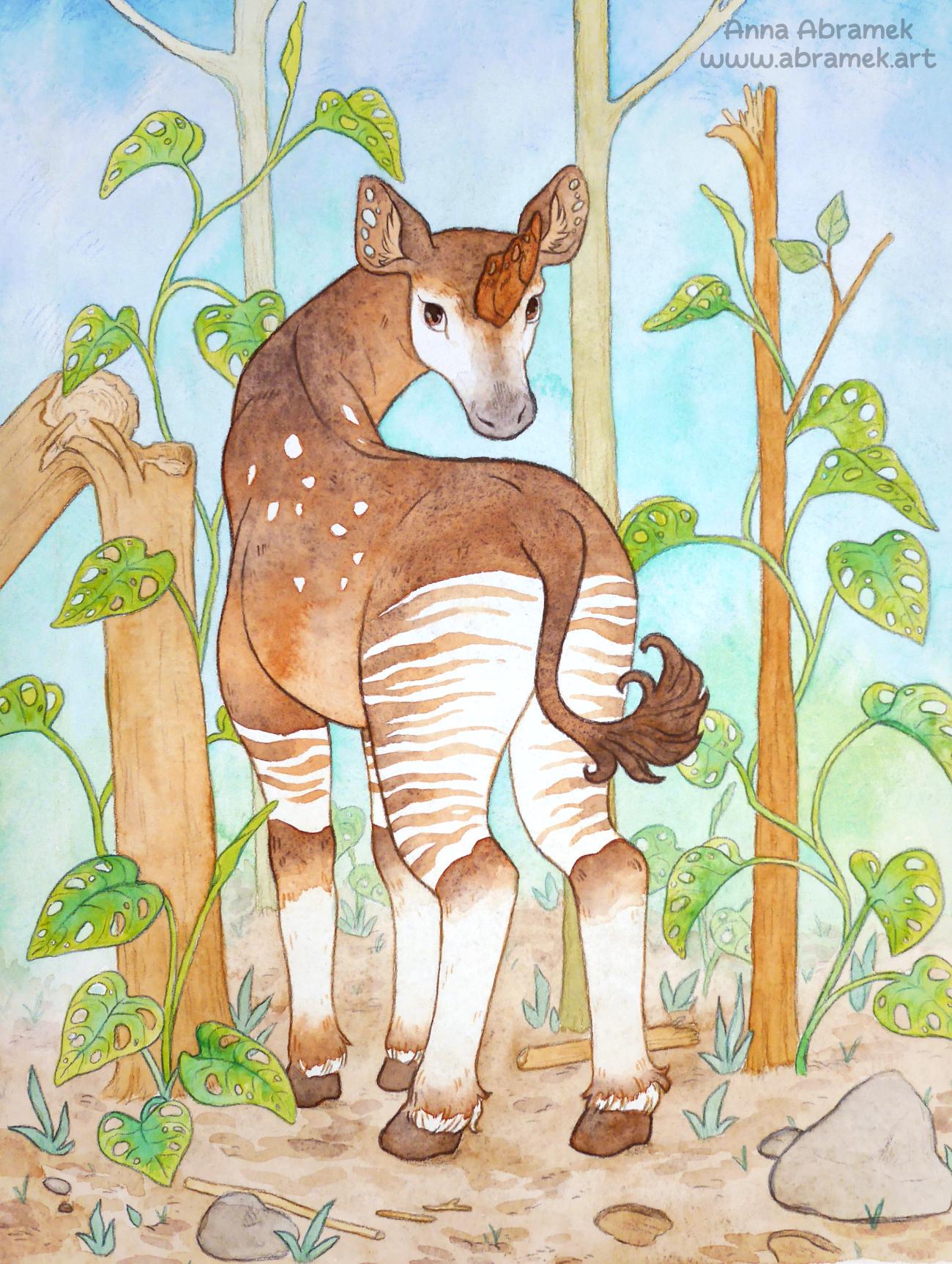 A watercolour and coloured pencil drawing of an okapi with unicorn horn. The horn is short and thick with multiple small holes in it. It stands among thin trees, some of which are broken. Multiple monstera plants are climbing up the trees.
