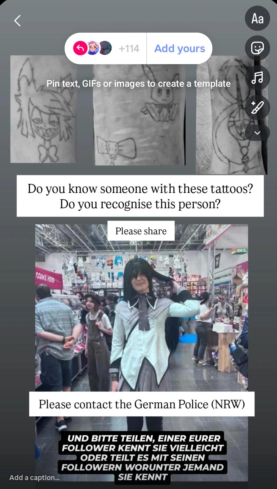 A set of photos showing small tattoos and a portrait of a cosplayer.