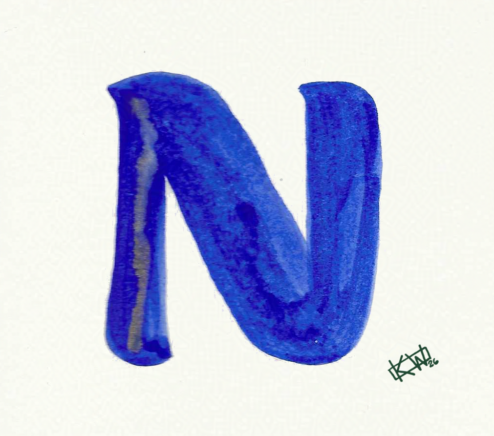 Watercolor of upper case letter N in a lovely shade of blue with gold swirls.
