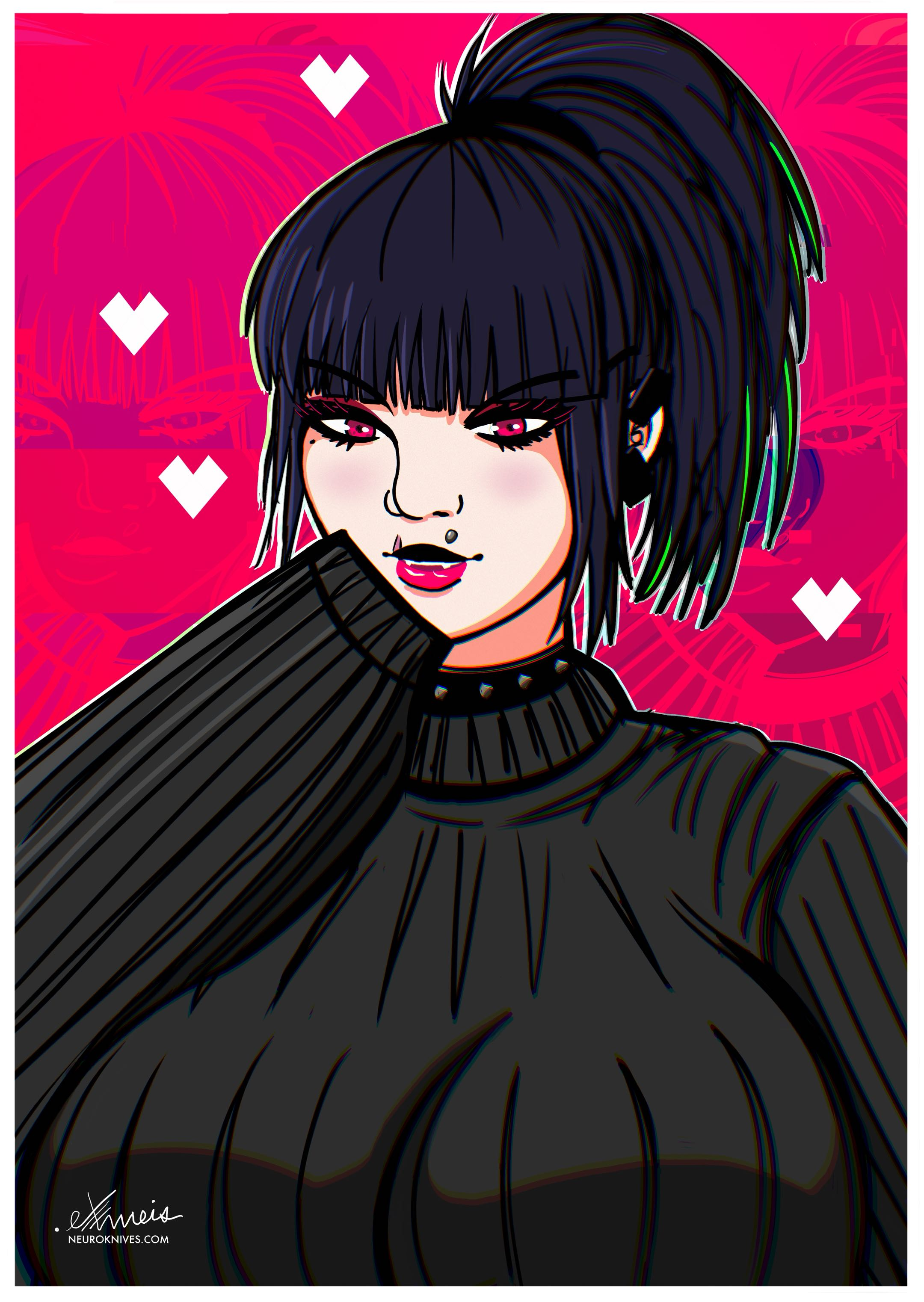 portrait drawing of my character, Reika Karpov, aka Eris Akiyama, with her hair up and wearing an oversized gray sweater. She's got her hand up to her face, but the sleeve is big and baggy so the whole hand is covered and she's looking at the viewer and is very cute.