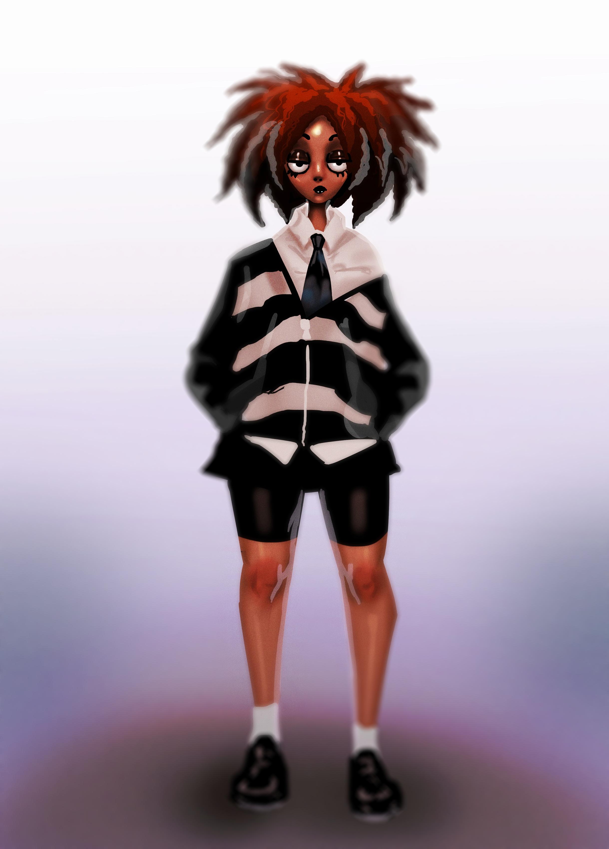Painterly full-body illustration of a black androgynous person with more fem features looking with half-mast into the camera. They are wearing tight shorts and a black white-creamish oversized sweater that is dropped down the left shoulder to reveal a white office t-shirt and black tie. Their afro is a mix of copper and brown and their shoes are black loafers. They have a thigh gap.