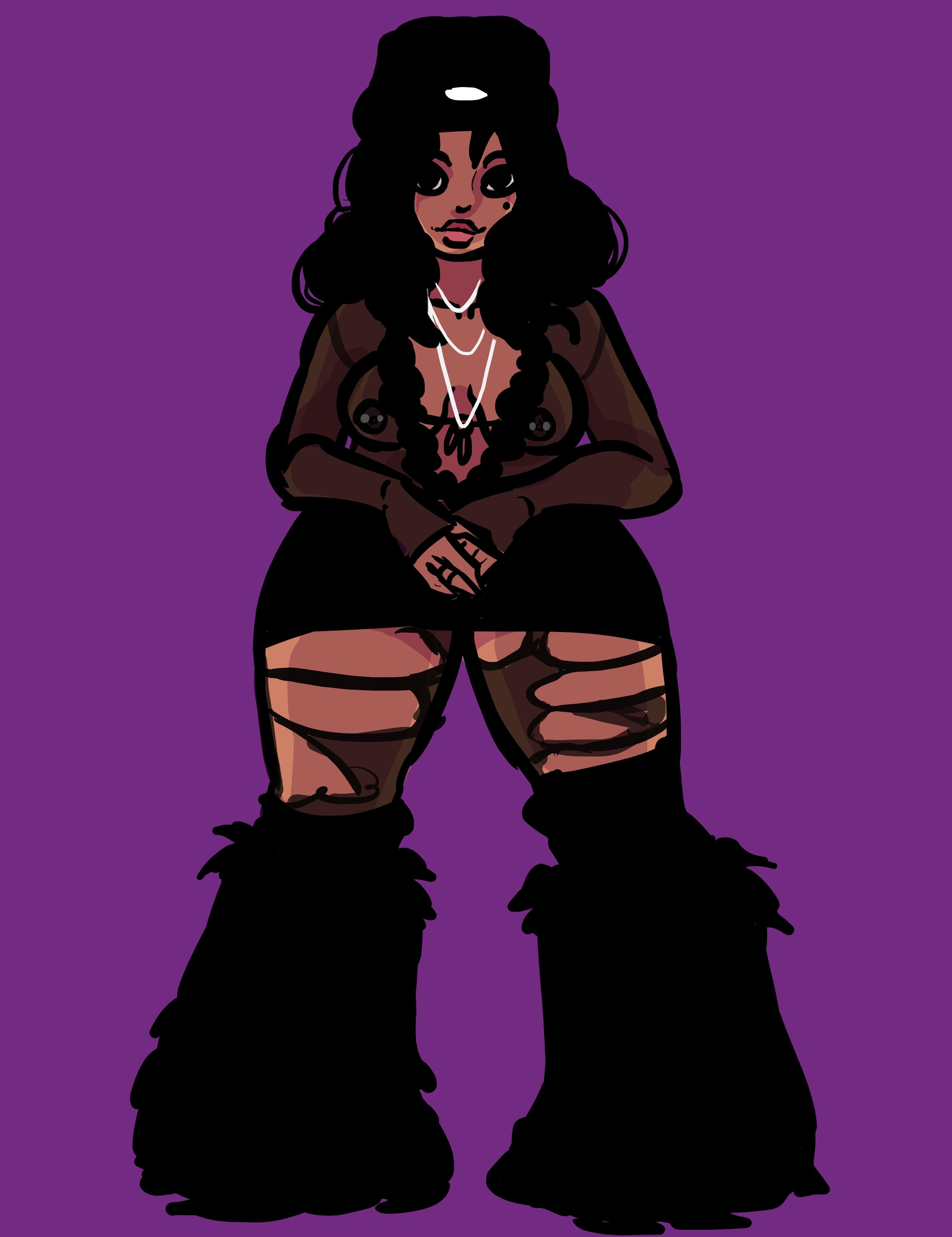 Illustration of a voluptuous black woman with wavy hair that reaches her shoulders. She is staring with a slight smile into the camera. She is wearing a sheer black shirt that reveals her boobs, a black mini skirt and ripped sheer black pantyhose. She is wearing fluffy faux fur boots that reach her knees and three silver necklaces aroound her neck.