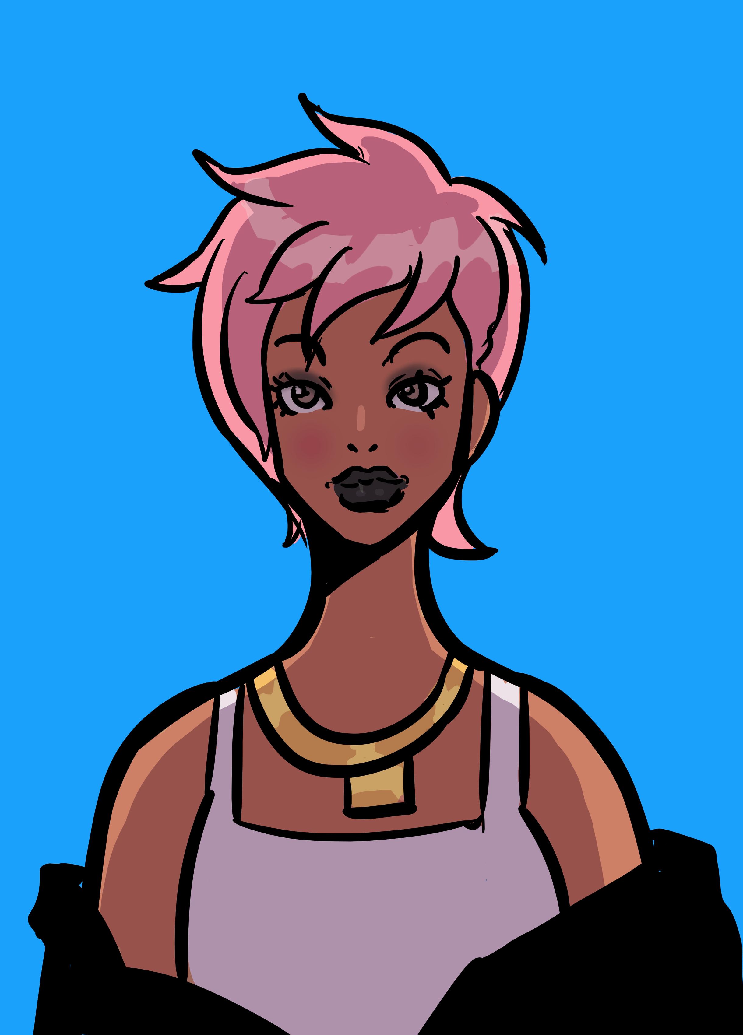 A half body illustration of a slighter lighter skinner black woman looking into the camera. She has a pink pixie cut and is wearing black lipstick. She is wearing a white sleeveless top and has a black hoodies dropped beneath her shoulders. She is wearing a thick golden necklace.