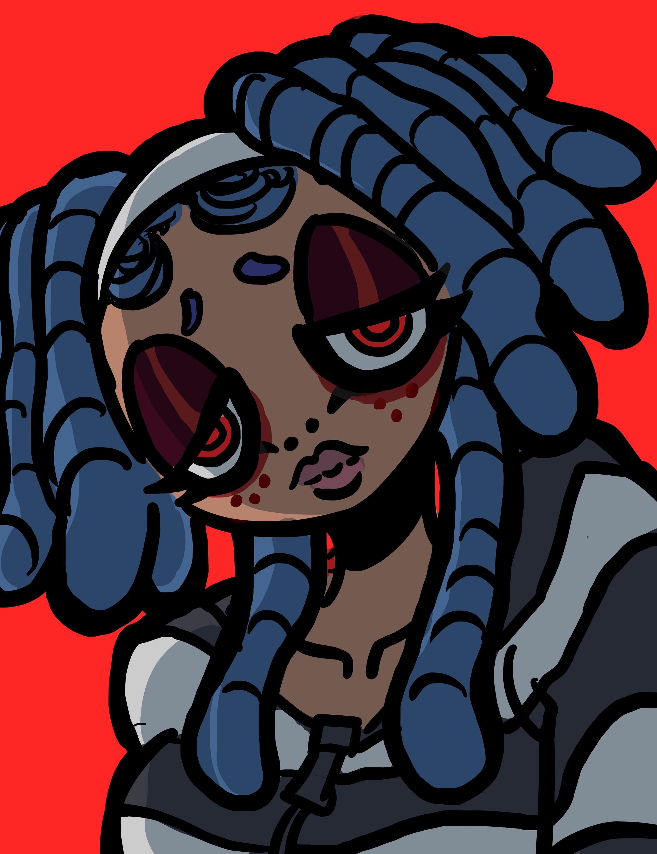 A half body illustration of a black woman with thick blue Senegalese twist braids looking into the camera with sleepy, half-mast eyes adn a slight smile. She has bags underneath her eyes and is wearing a black and white outfilt that could be a prison uniform.