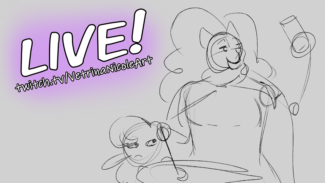 Stream announcement featuring a WIP of a digital drawing of a big cat lady and a small succubus at a large cooking pot. The text says "LIVE! twitch.tv/VetrinaNicoleArt"