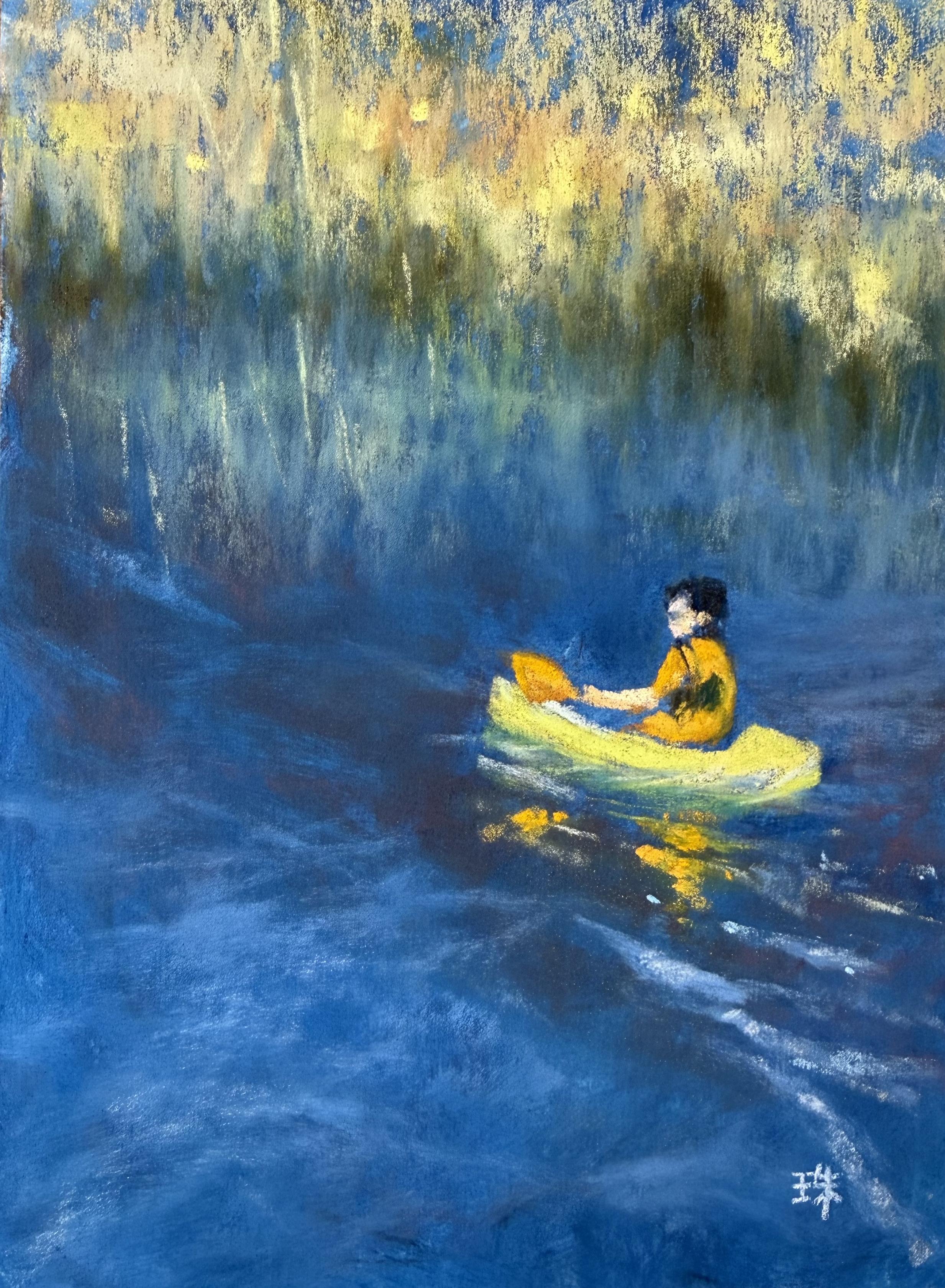 A small pastel painting of a kayaker on a bright green kayak on water. There are warm green/yellow brushes on the far shore. Very blue water reflects the kayaker and the kayak.