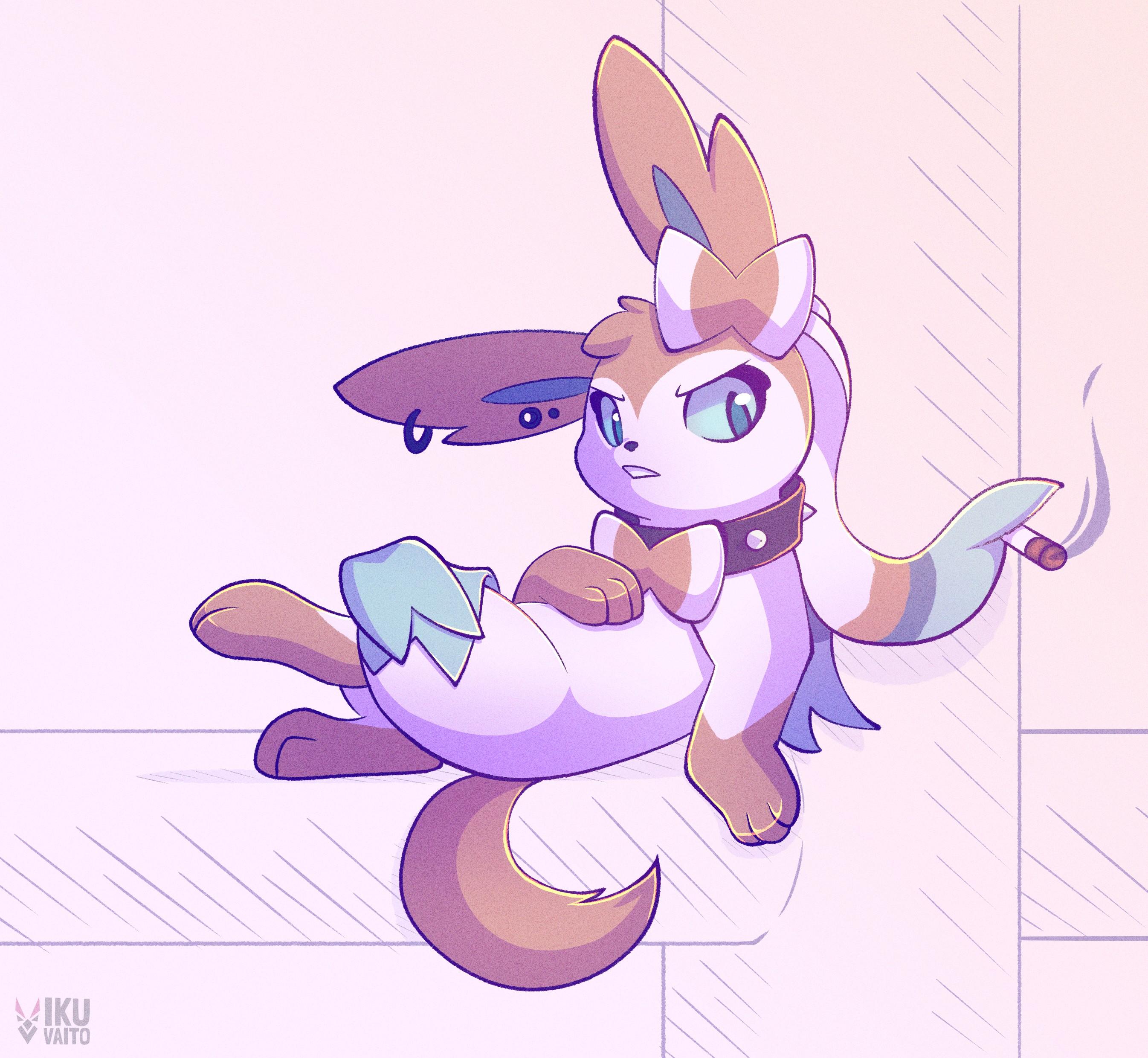 A goth sylveon laying on her back against a pole, smoking a cigarette