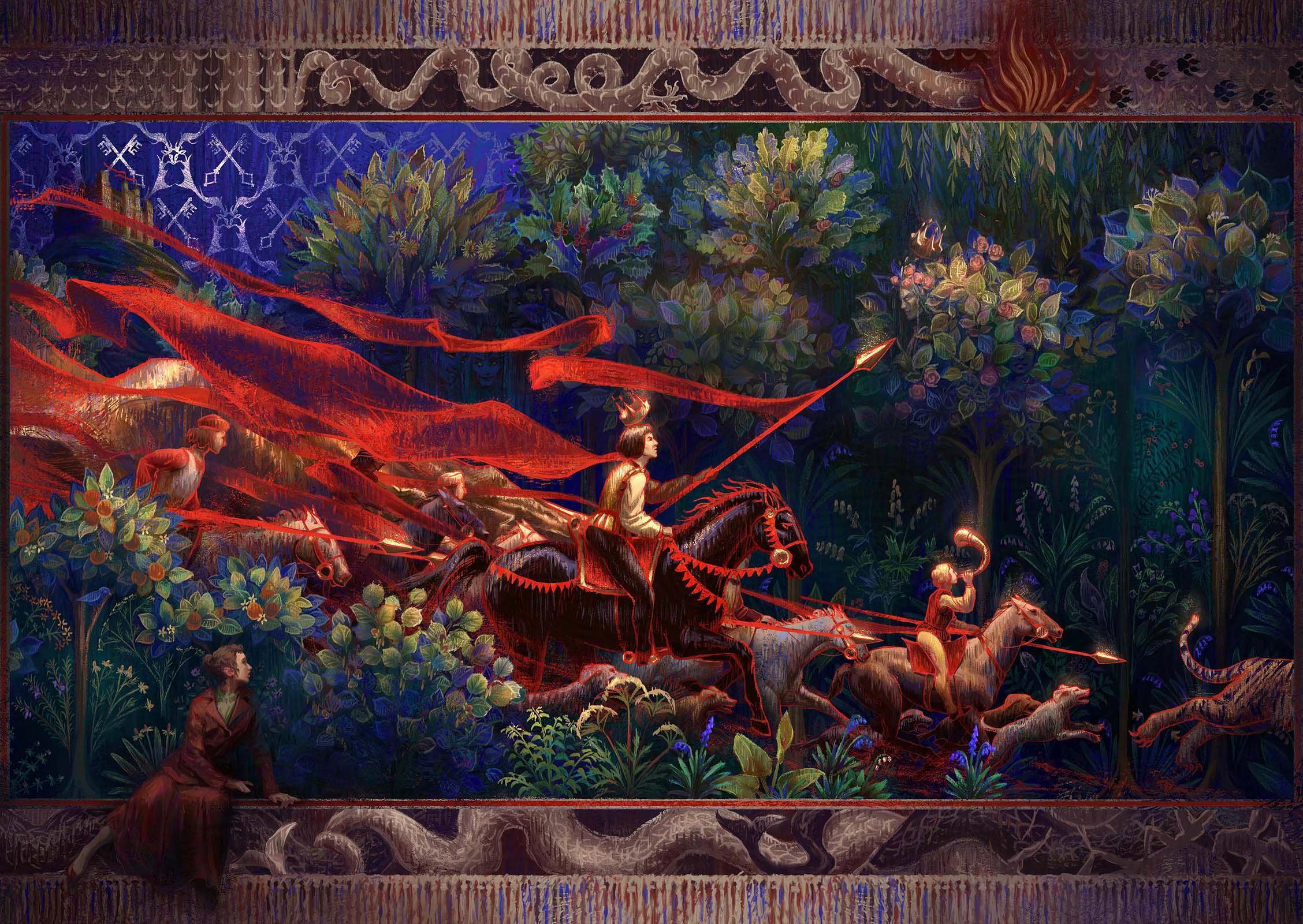 Painting in the style of a late Medieval/Renaissance tapestry depicting a hunting party chasing a tiger. At second glance, there's more to it than that: the hunters are observed from the trees by dozens of fae, and a young woman in early 20th Century clothing is watching them from the bushes in the foreground.